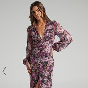 LORELEI MIDI DRESS - V NECK BALLOON SLEEVE DRESS IN HARVEST FLORAL